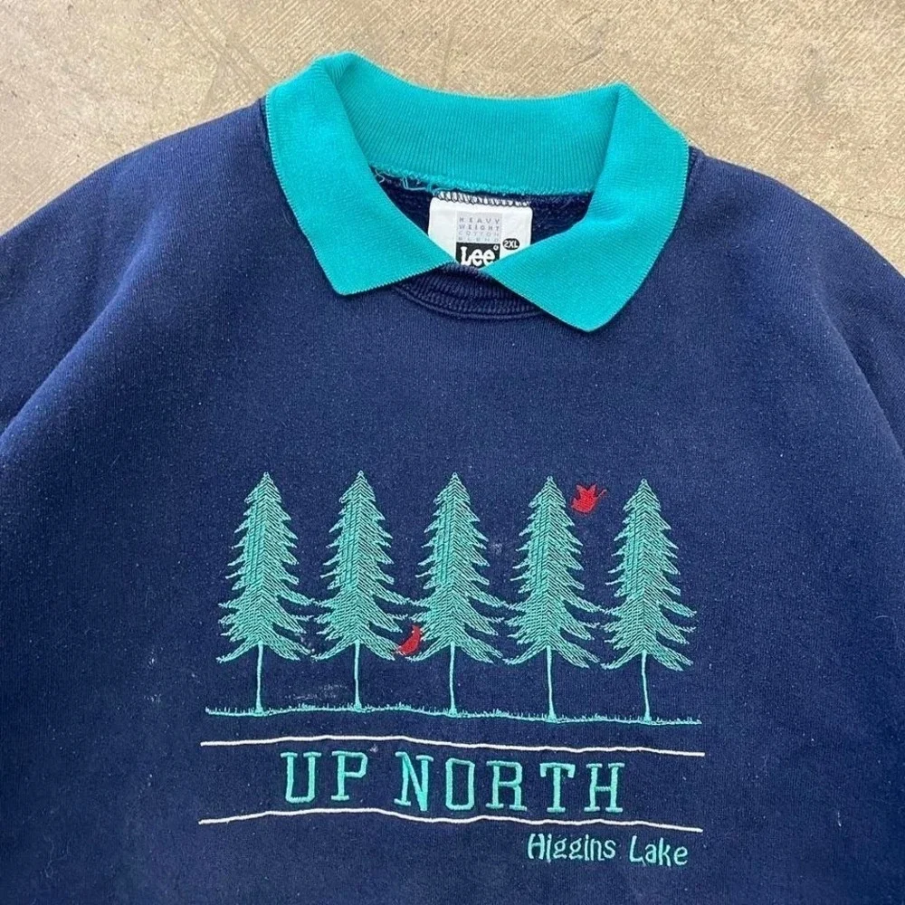 Vintage 90s Up North Nature Destination Lee Collared Crewneck Sweatshirt XXL